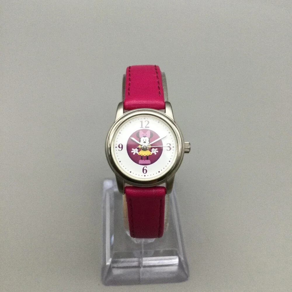 Disney Minnie Mouse Girls Watch 23mm Silver Tone Pink Leather MCO242 New Battery